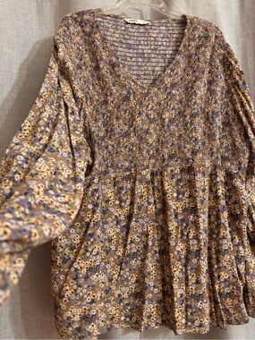 Sonoma Lavender and Mustard Smocked Floral Peasant Blouse